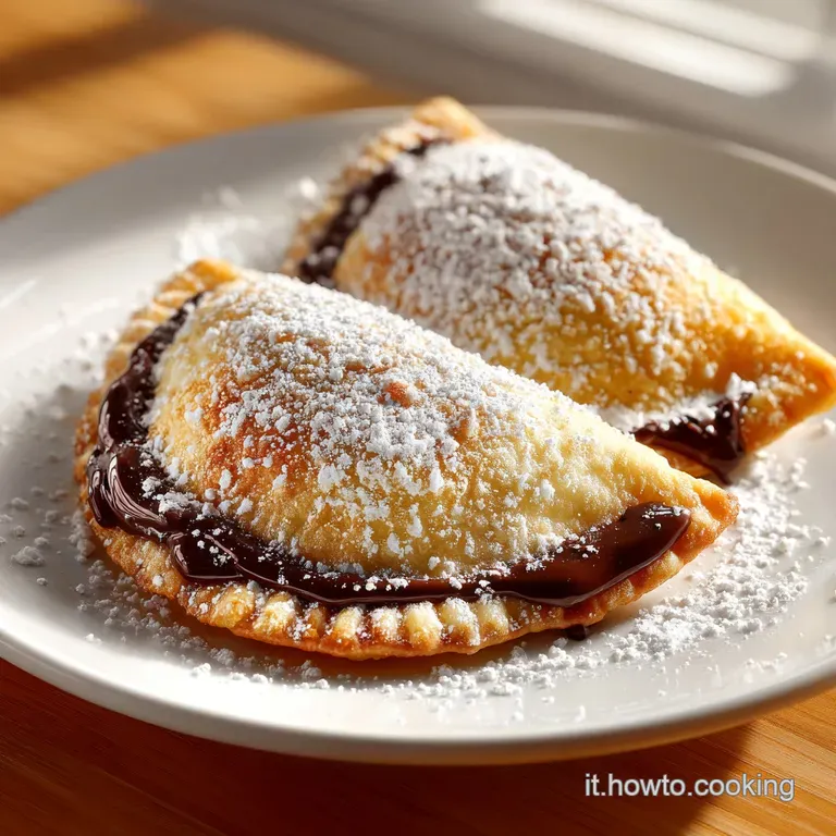 Crispy golden pastry pockets on a white ceramic plate, paired with fresh raspberries and a drizzle of chocolate.