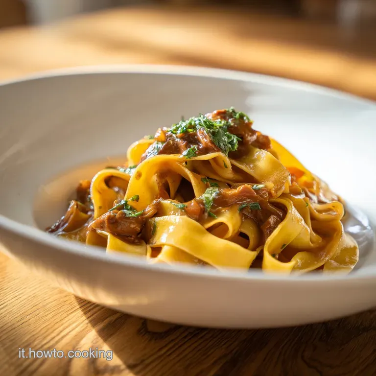 Nido di pasta gialla lucida disposto con cura, guarnito da scaglie di formaggio bianco e un tocco di prezzemolo fresco.