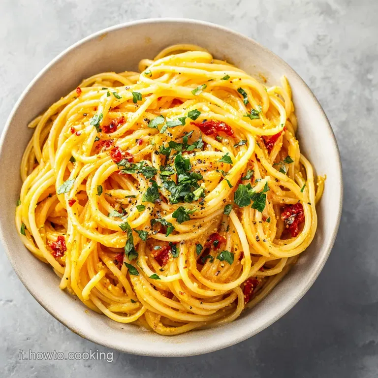 An elegant swirl of pasta alla nerano on a white plate, topped with a sprig of basil.
