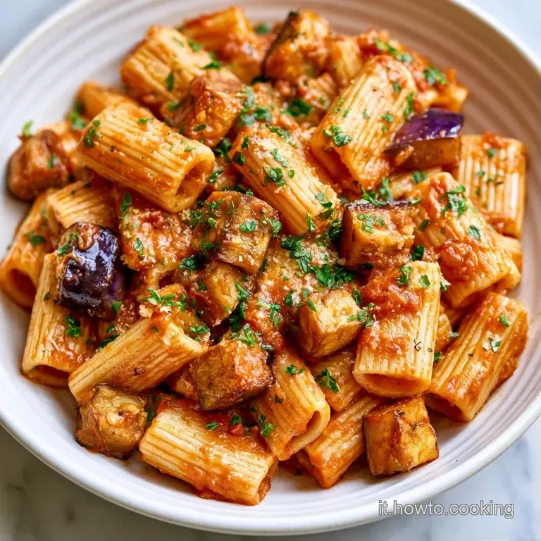 Piatto bianco con pasta avvolta in salsa di pomodoro cremosa, melanzane saltate e un ciuffo di basilico verde brillante.