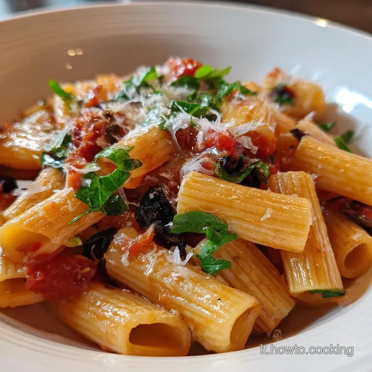 Perfectly swirled pasta with rich tomato sauce, melted mozzarella bubbles, and bright green basil sprigs artfully plated o...