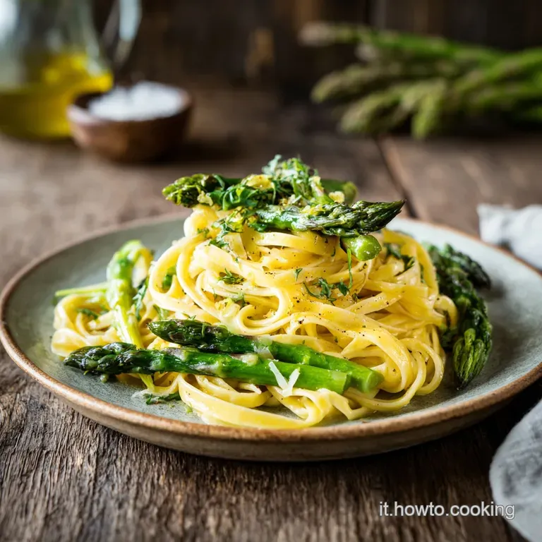 Elegant plate of twirled pasta with asparagus spears, drizzled with creamy sauce and a dusting of grated cheese.