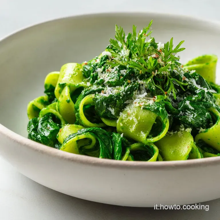 Plated spinach pasta, glistening with sauce, topped with fresh basil. Steam rises invitingly from the generous portion.