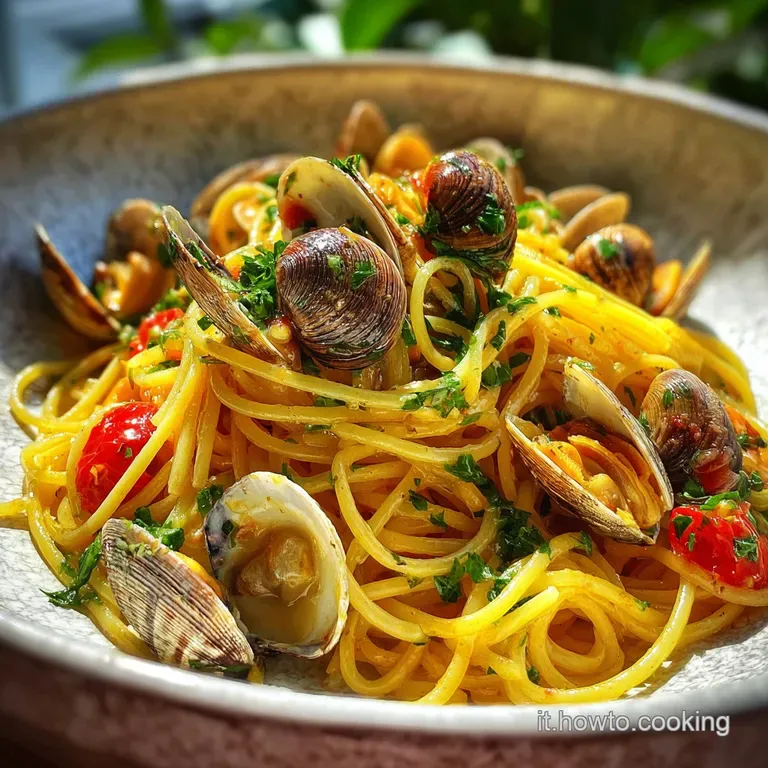 Elegant plate of pasta with clams, showcasing a delicate sauce, fresh parsley, and a sprinkle of black pepper. Ready to be...