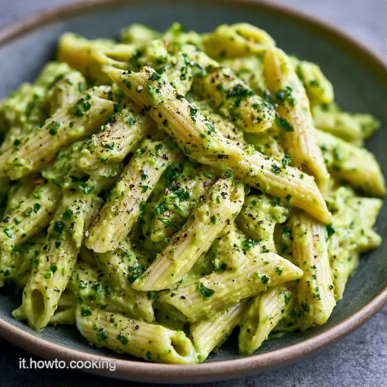 Un nido di pasta cremosa color verde tenue, decorato con erbe fresche e una spolverata di formaggio bianco grattugiato.