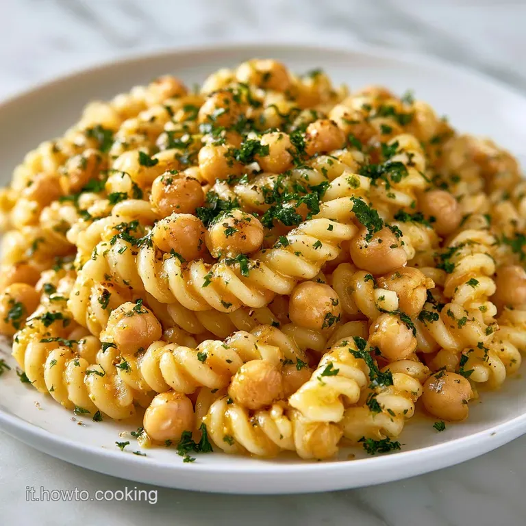 Pasta e ceci densa in un piatto di ceramica bianca, decorata con un filo d'olio dorato e un tocco di prezzemolo brillante.