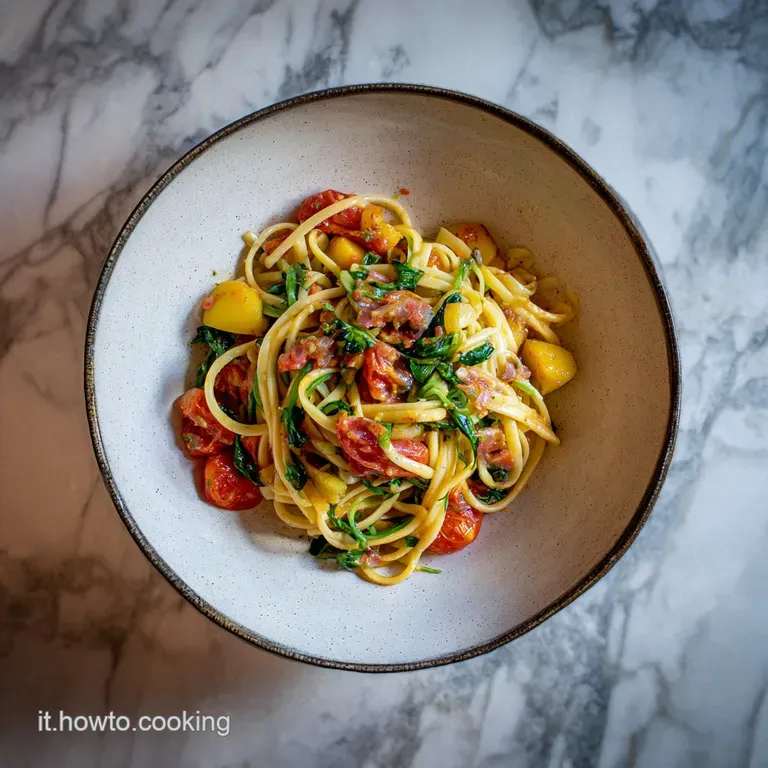 Elegant serving of pasta e patate: rustic, comforting dish with a sprinkle of parmesan and fresh herbs in a white bowl.
