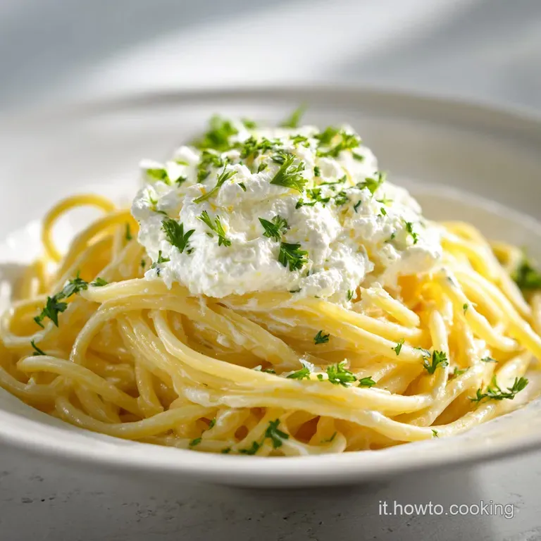 Elegant plate of twirled pasta glistening with creamy sauce, accented with fluffy ricotta clouds and fresh basil leaves.
