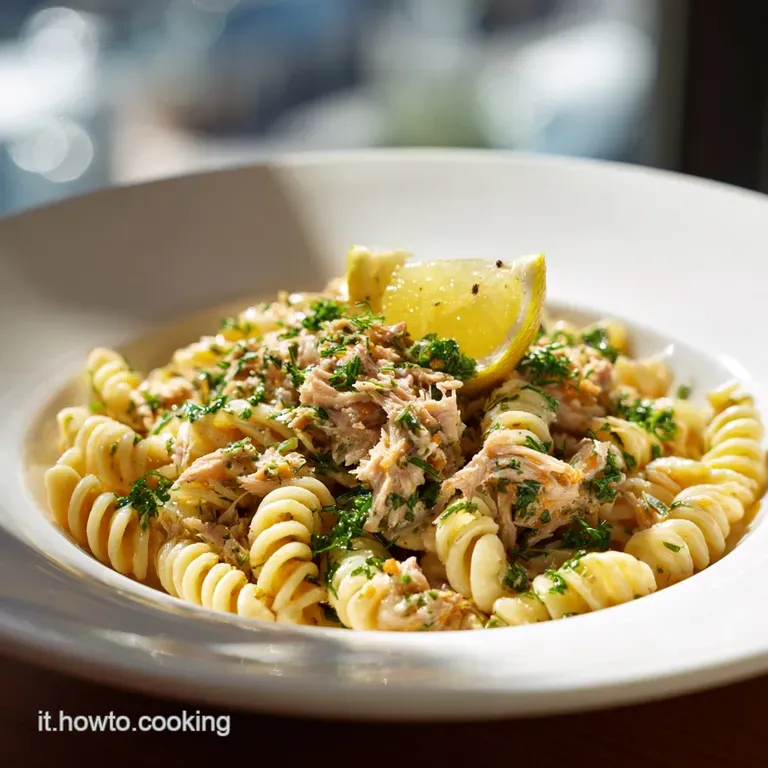 Elegant plate of chilled pasta salad. Tender tuna pieces and lemon zest dot the creamy, light sauce, garnished with verdan...