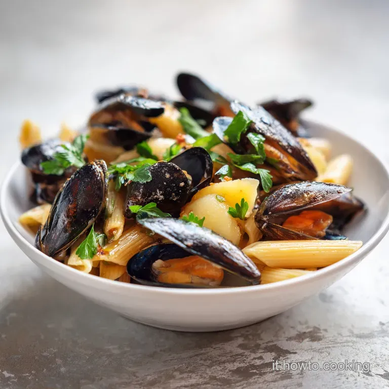 Elegant plate of pasta and mussels glistening with olive oil; a sprinkle of pepper adds a pop of visual spice. A rustic, a...