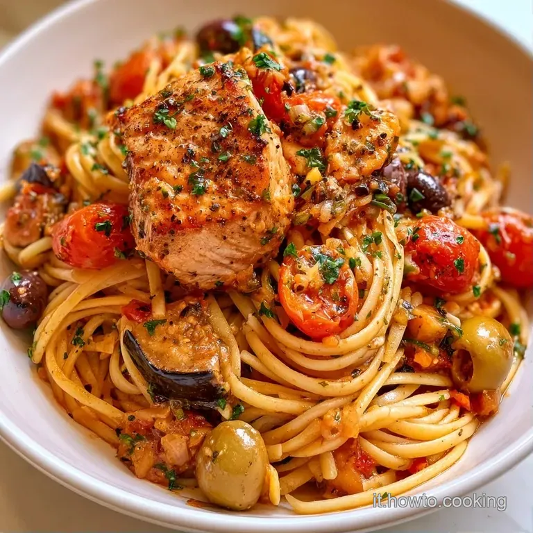 Un nido di pasta avvolto in un sughetto lucido con pezzi di melanzana morbida e pesce bianco, guarnito da erbe fresche.