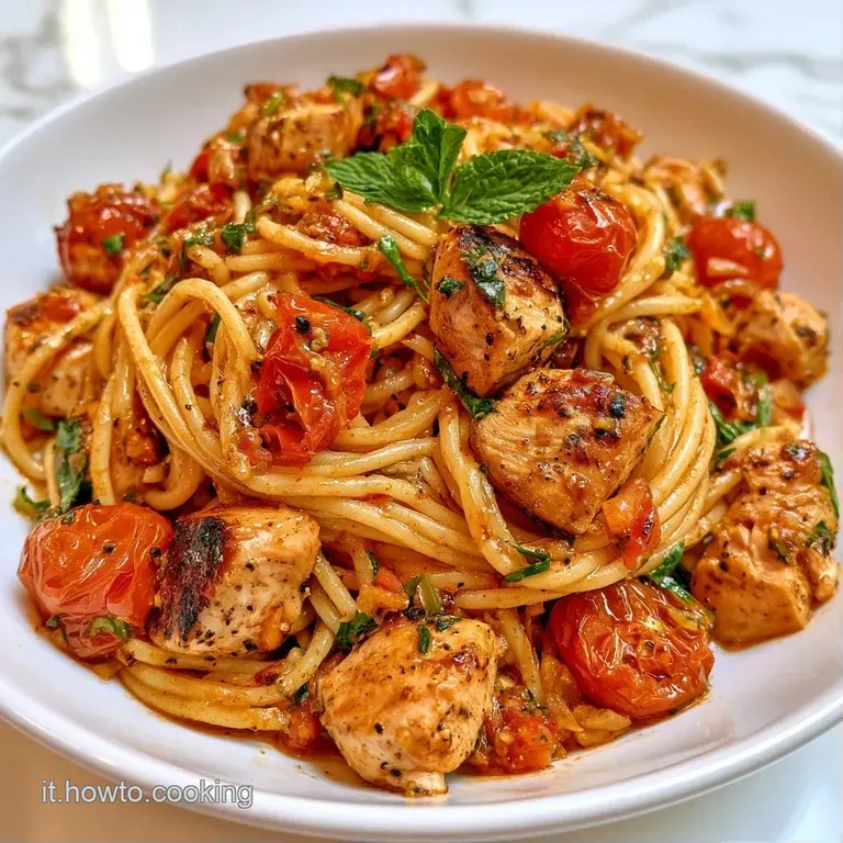 Nido di pasta avvolto in una salsa dorata con pezzi di pesce spada e menta fresca, impiattato con eleganza minimalista.