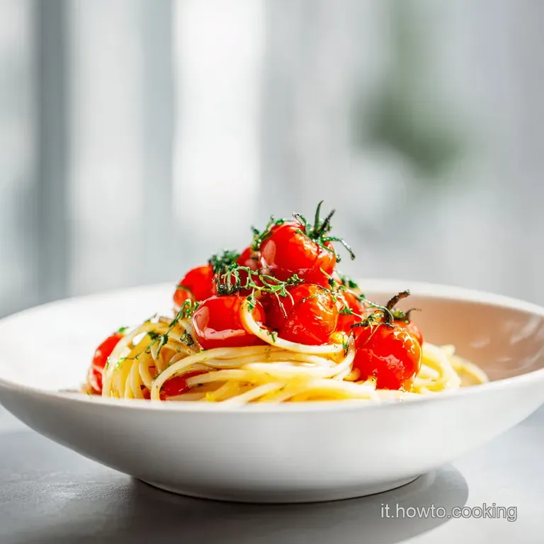 A twirled nest of pasta topped with burst cherry tomatoes and basil, artfully arranged on a white plate with vibrant sauce.