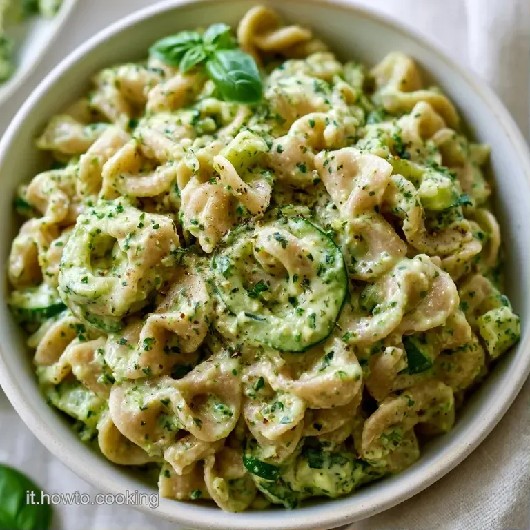 Nido di pasta avvolto in crema chiara, decorato con zucchine croccanti e foglioline verdi su fondo ceramica opaca.