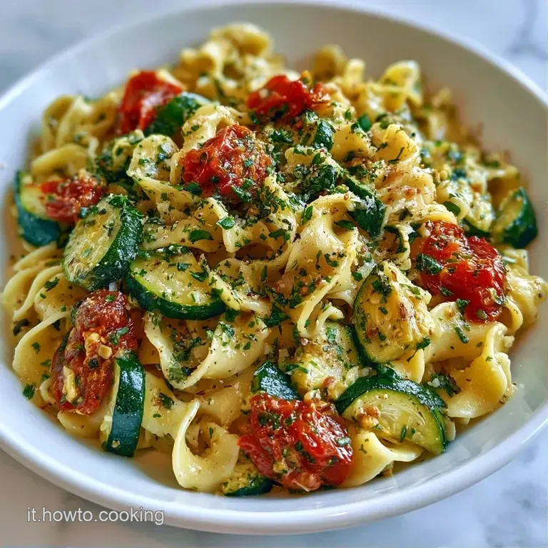 Pasta disposta a nido con zucchine tenere e pomodorini rossi, guarnita da basilico fresco su un piatto di ceramica.