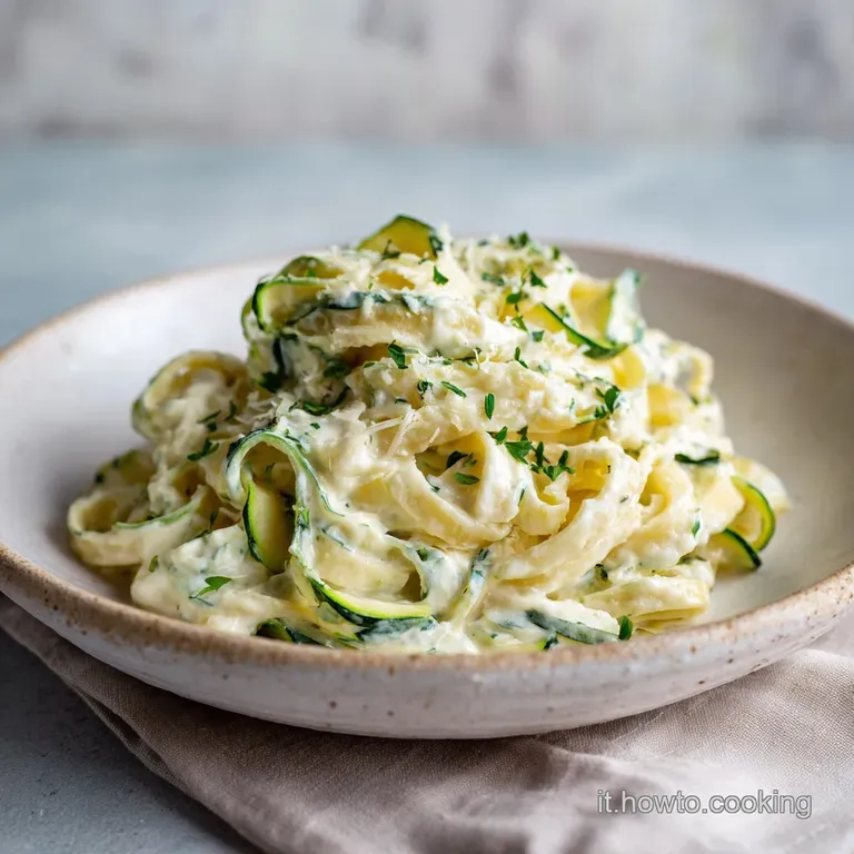Elegant plate of pasta. Zucchini strands glisten. White ricotta contrasts beautifully with the vibrant green and al dente ...