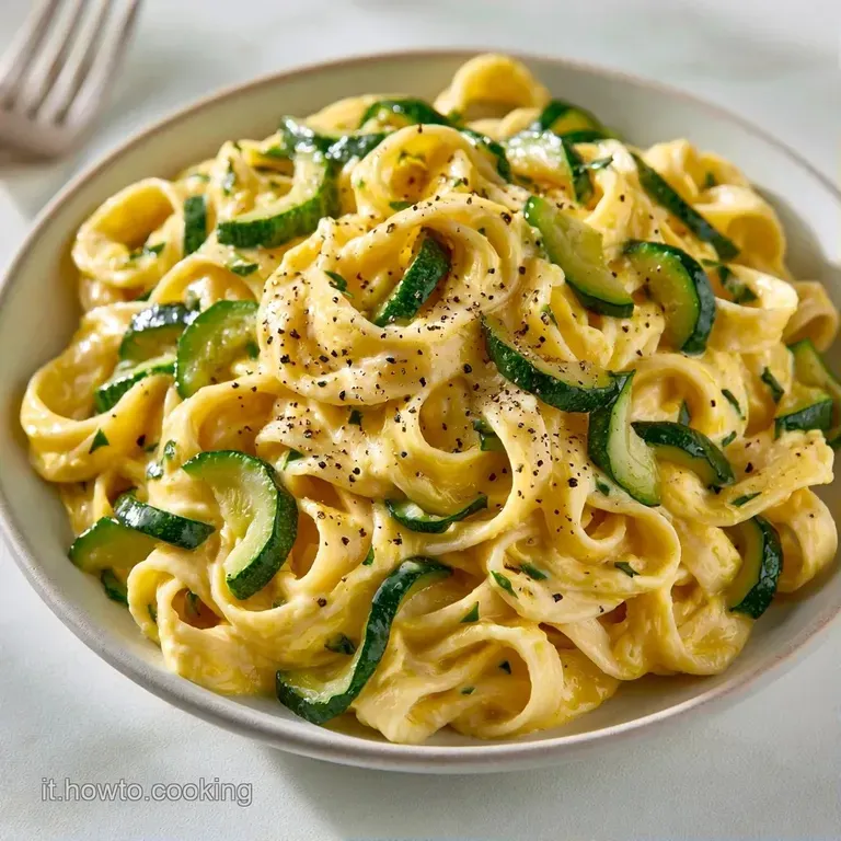 Presentazione curata di pasta cremosa con zucchine saltate, uova morbide e un tocco di pepe nero su ceramica bianca.