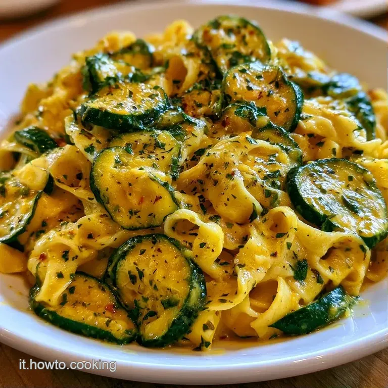 Pasta cremosa color oro disposta con cura, guarnita con zucchine tenere e un tocco di pepe nero su ceramica chiara.