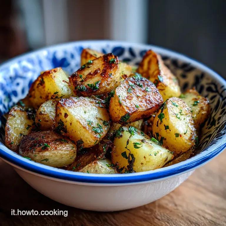Crisp-edged potato slices, browned to perfection, artfully arranged on a white plate with a light dusting of herbs.