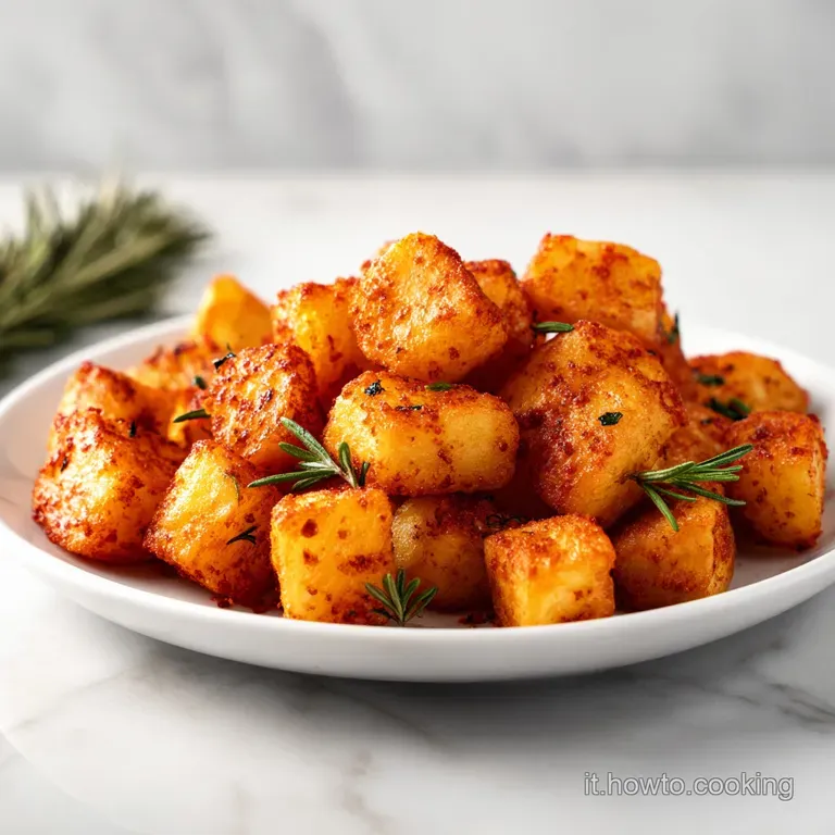 Cubetti di patate color ambra disposti con cura su un piatto grigio, superficie rugosa e bordi ben tostati.