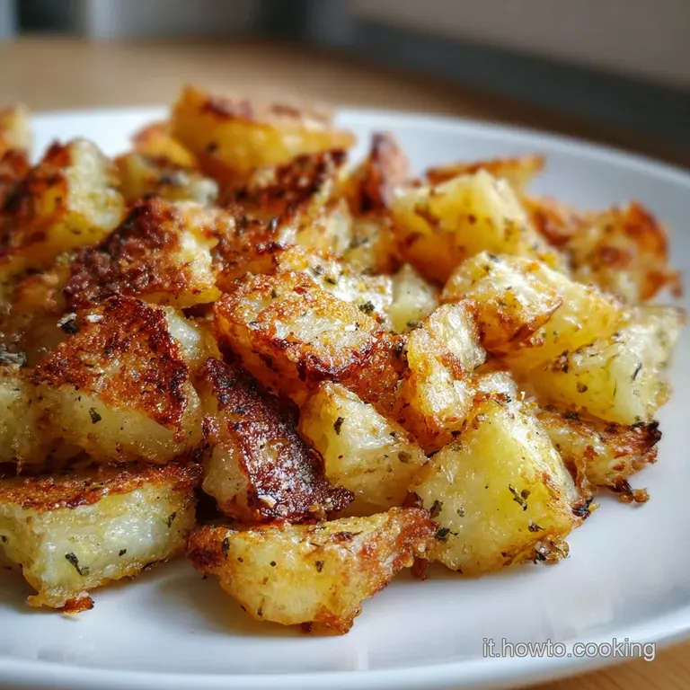 Perfectly browned potatoes artfully arranged on a white plate, steam rising, hinting at a soft, fluffy interior and crispy...