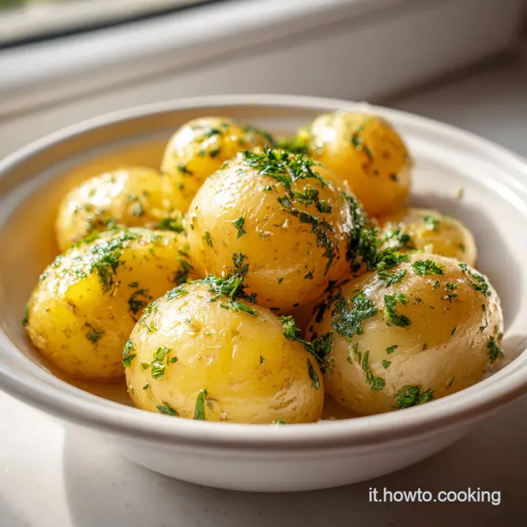 Perfectly arranged steamed potatoes, skin slightly wrinkled, sprinkled with fresh parsley and coarse salt. Warm steam rise...