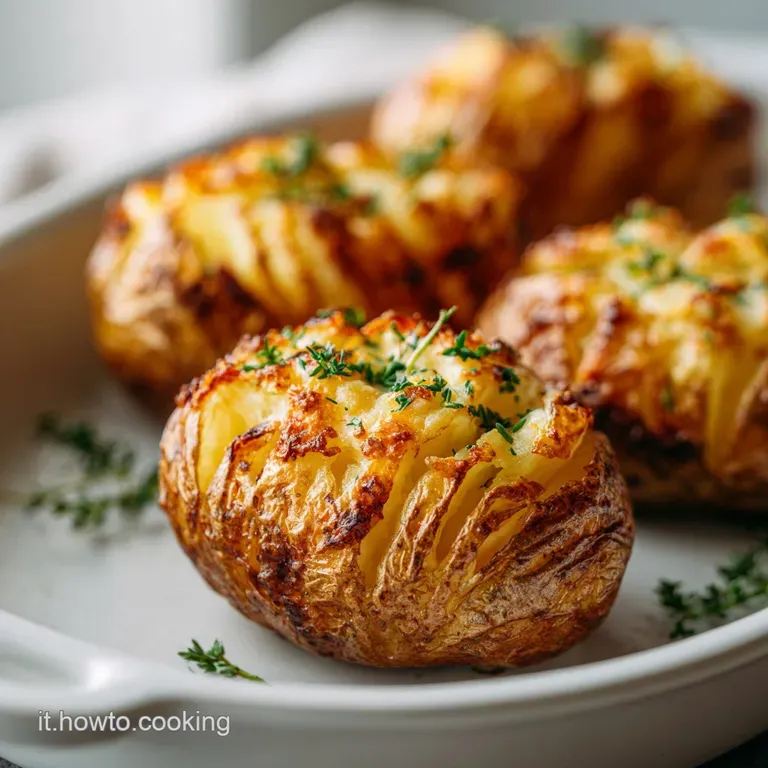 Stuffed baked potato half plated with a sprig of parsley. Filling has visible herbs and browned cheese.