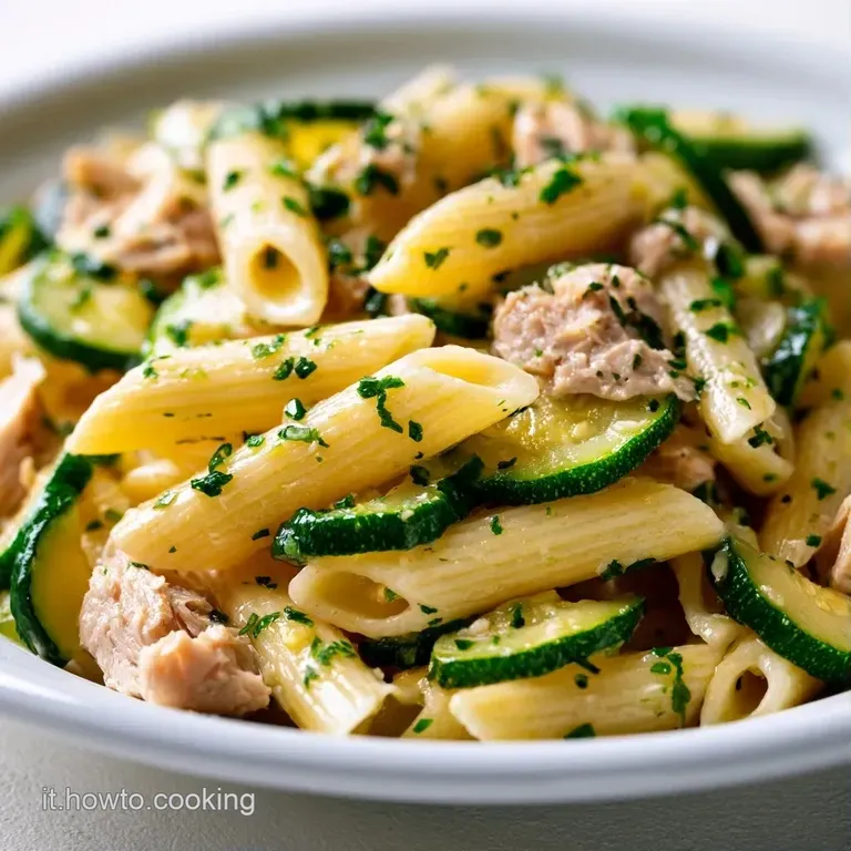 Piatto di pasta lucida con zucchine tenere e tonno, decorato con prezzemolo fresco e un filo d'olio dorato e brillante.