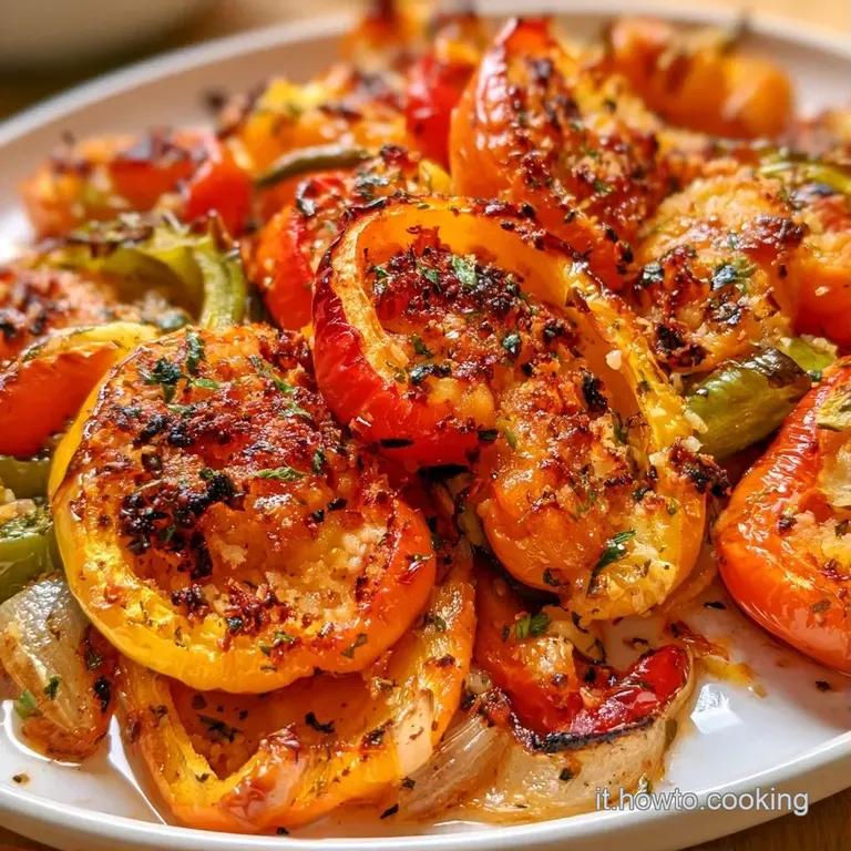 Peperone rosso lucido e morbido su piatto bianco, con ripieno fragrante e un tocco di prezzemolo fresco verde brillante.