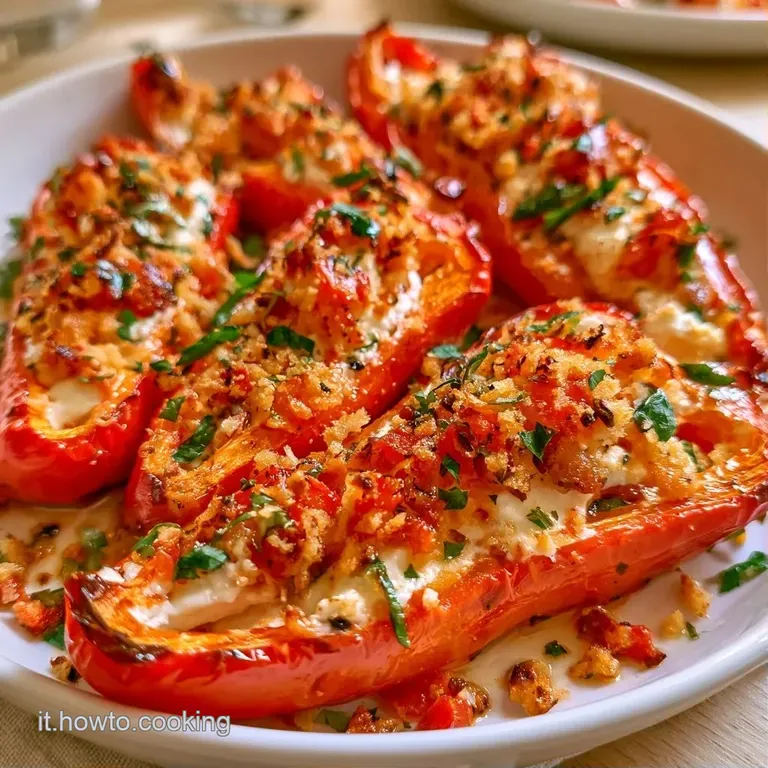 Peperoni colorati adagiati con cura su un piatto ceramica, con un filo d'olio lucido e foglioline di basilico fresco.
