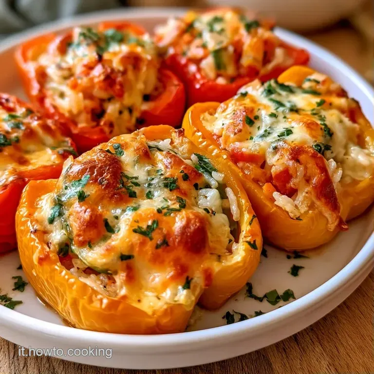 Peperoni arrostiti dai colori vivaci adagiati su una base bianca, guarniti con erbe fresche e fili di formaggio caldo.
