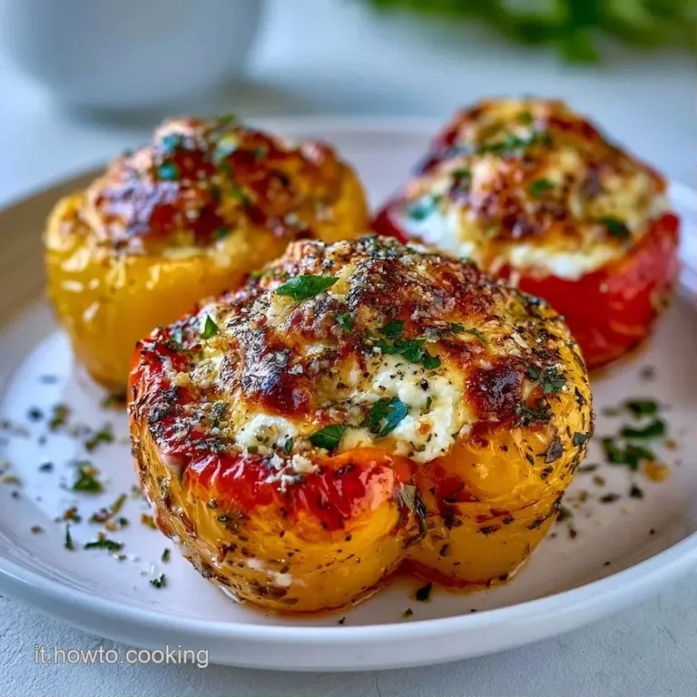 Peperoni colorati disposti con cura, guarniti da prezzemolo fresco tritato e un filo d'olio su un piatto di ceramica scuro.