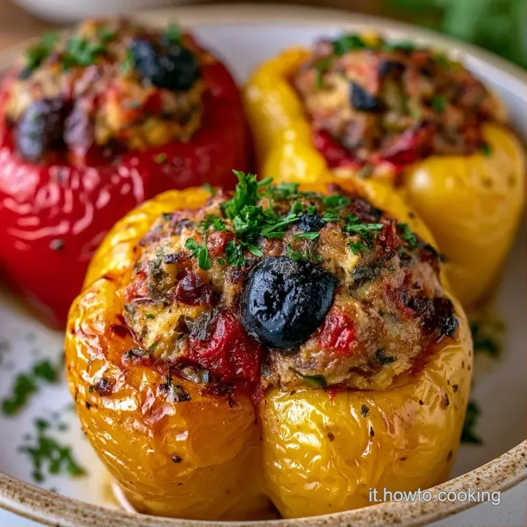 Peperoni colorati adagiati su un piatto bianco, con una granella di pane croccante e foglie di basilico fresco verde.