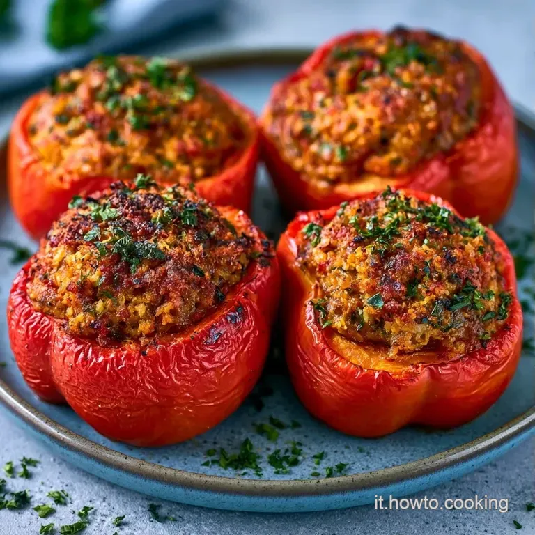 Peperone rosso lucido ripieno, adagiato su una salsa cremosa con un rametto di prezzemolo fresco e luce soffusa.
