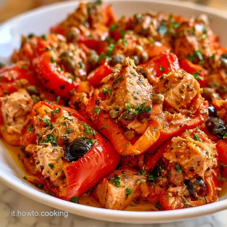Peperoni colorati adagiati su piatto bianco, con un tocco di prezzemolo fresco e una crosticina dorata e croccante.