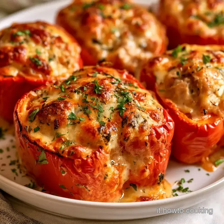 Peperoni vivaci ripieni di un composto cremoso, adagiati su un piatto elegante con un tocco di prezzemolo fresco.