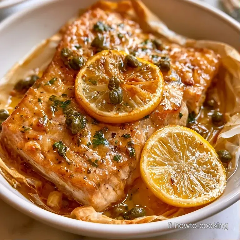 Filetto di pesce cotto al vapore in carta forno stropicciata, guarnito con agrumi freschi su un piatto di ceramica bianca.