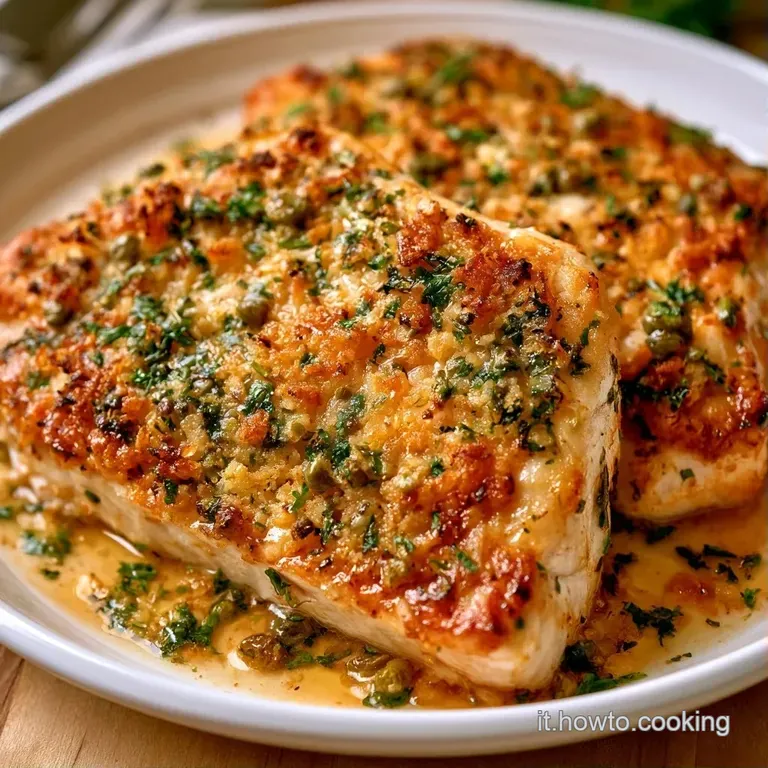 Filetto di pesce bianco con panatura ambrata adagiato su un piatto bianco, decorato con erbe verdi e un filo d'olio lucido.