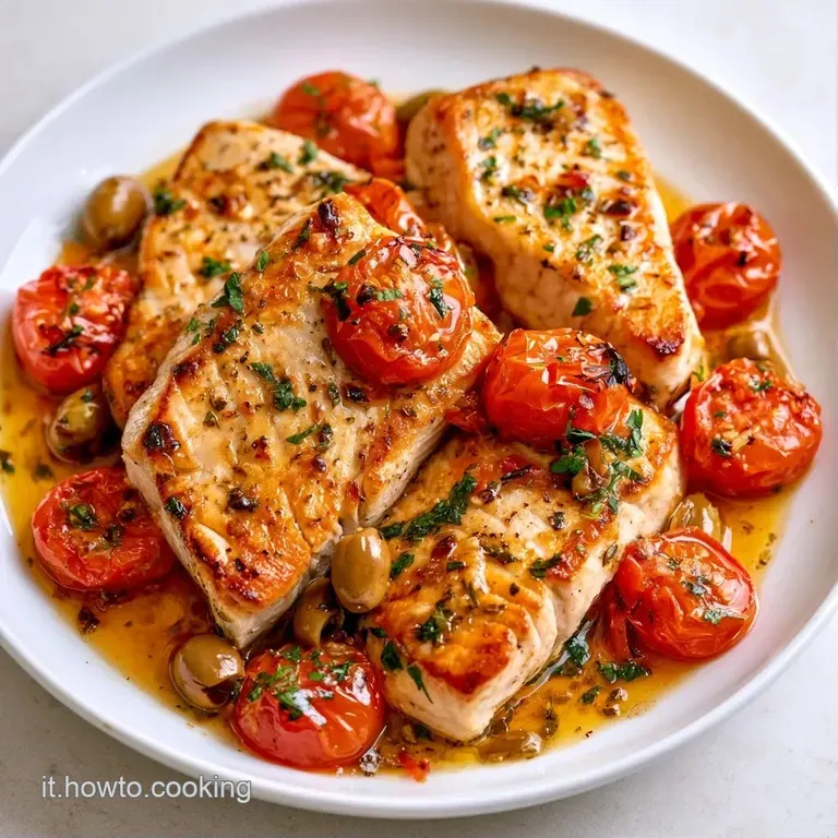 Filetto di pesce bianco cotto al forno su piatto bianco, decorato con pomodorini rossi brillanti e foglie di prezzemolo.