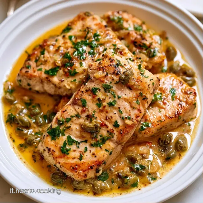 Elegante piatto bianco con bocconcini di pesce in salsa rossa vellutata, rifiniti con un filo d'olio extravergine.