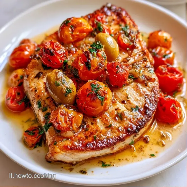 Tranci di pesce spada dorati adagiati su un letto di verdure colorate, guarniti con olio lucido e erbe fresche.