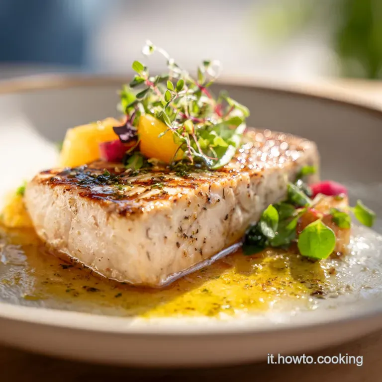 Pan-seared swordfish steak with vibrant herbs and lemon, artfully plated on white with a bright green side, ready to enjoy.