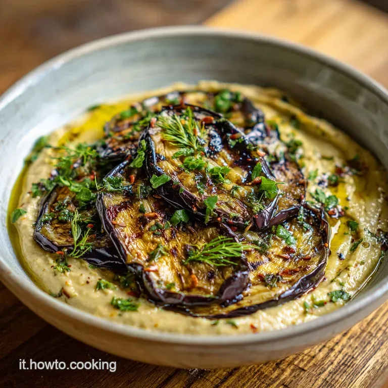Elegant plate of glossy, dark purple eggplant pesto swirled on a white plate, garnished with basil sprigs & a drizzle of o...