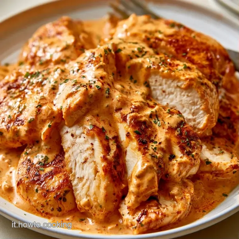 Sottili fette di carne ambrata disposte con cura, accompagnate da una salsa vellutata e piccoli germogli verdi freschi.
