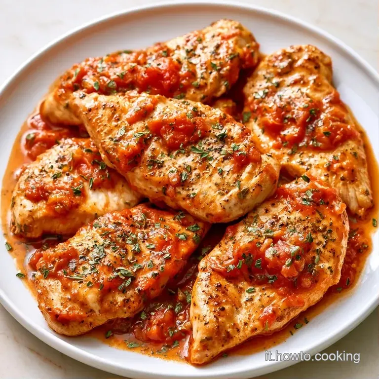 Pollo succoso nappato di pomodoro rosso e mozzarella, decorato con foglie di basilico fresco su un piatto bianco.