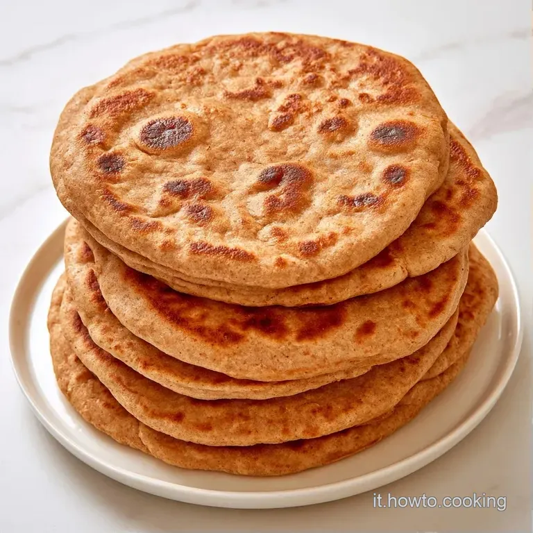 Fette di pane piatto integrale piegate con cura, colore ambrato e superficie leggermente infarinata su sfondo neutro.