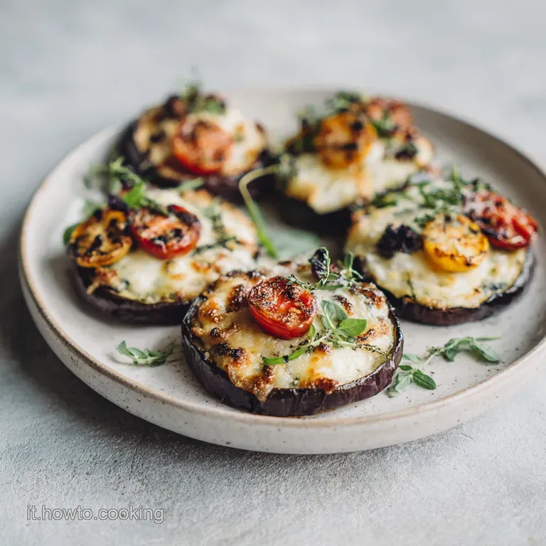 Artistic arrangement of baked eggplant rounds with melted cheese, basil leaves, and a drizzle of olive oil on a white plat...