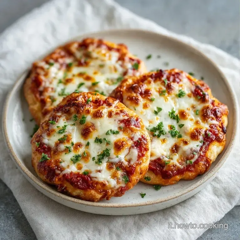 Tre piccoli dischi di pasta sfoglia croccante su piatto bianco, guarniti con formaggio filante e foglioline di basilico.