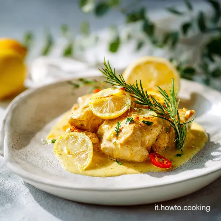 Elegant plate showcasing tender chicken bathed in a rich, bright lemon sauce with delicate garnishes.