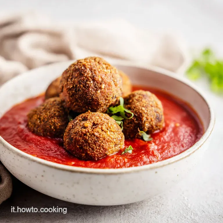 Tre polpette brune e sode impilate con cura, decorate da gocce di salsa bianca e foglioline verdi su ceramica grigia.